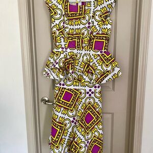 Ankara Yellow and Purple Patterned 2 piece top and skirt.